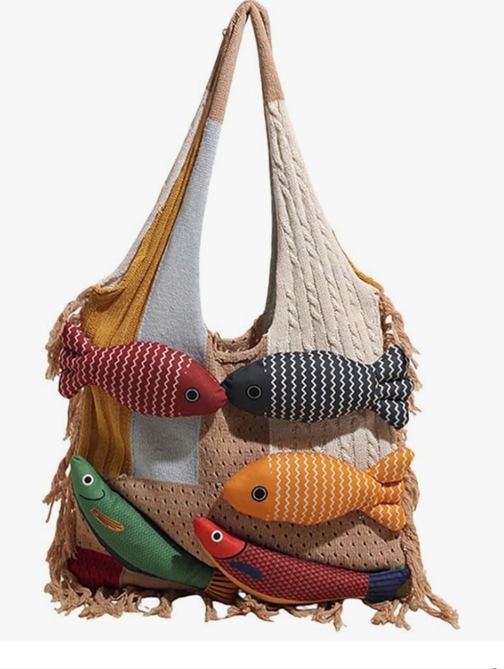 Handcrafted Fish Appliqué Beach Tote Bag - Multicolor